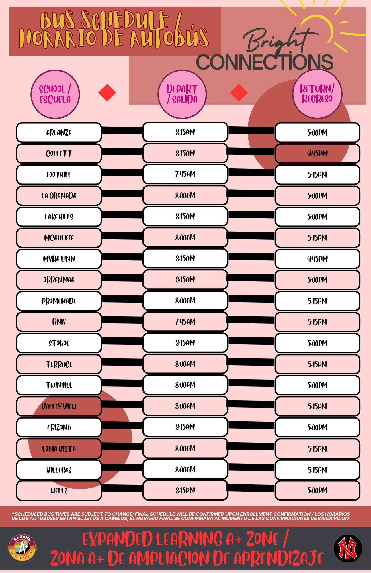 Nov 15th Bright Connections Bus Schedule